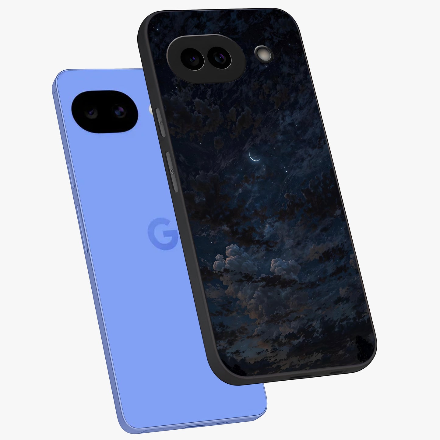 Lunar Veil Silence Glass Case displayed in angled mockup highlighting soft lunar design with peaceful celestial aesthetic.