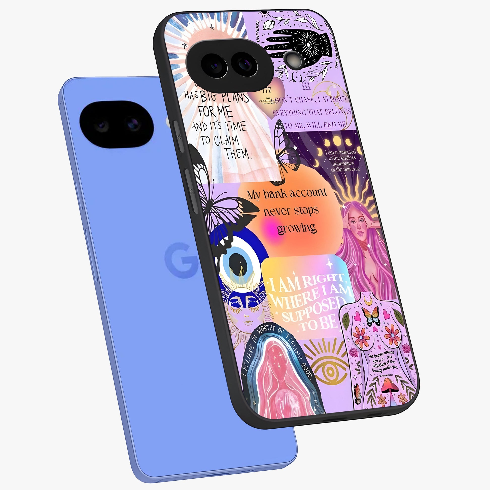 Manifestation Collage Glass Case displayed in angled mockup highlighting inspirational aesthetic collage design.