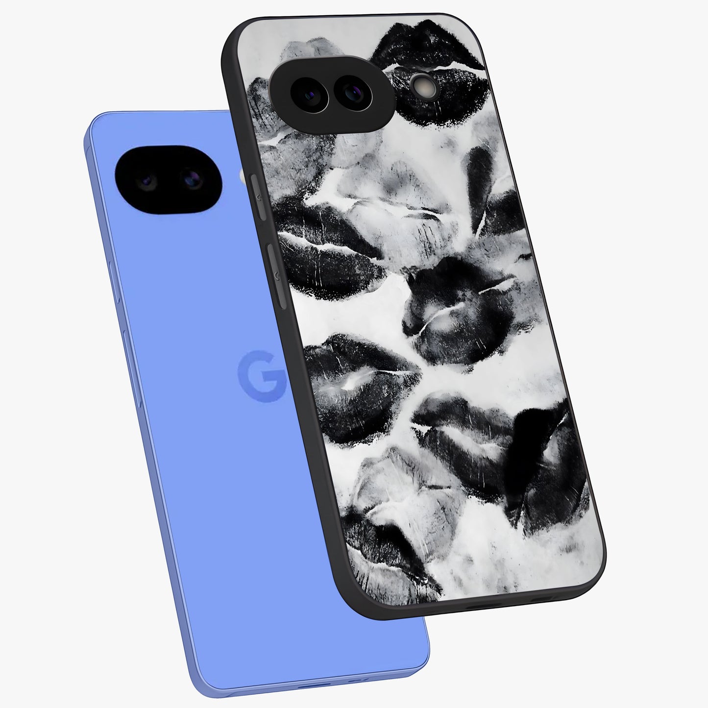 Midnight Kiss Marks Glass Case displayed in angled mockup highlighting playful romantic design with bold midnight aesthetic.