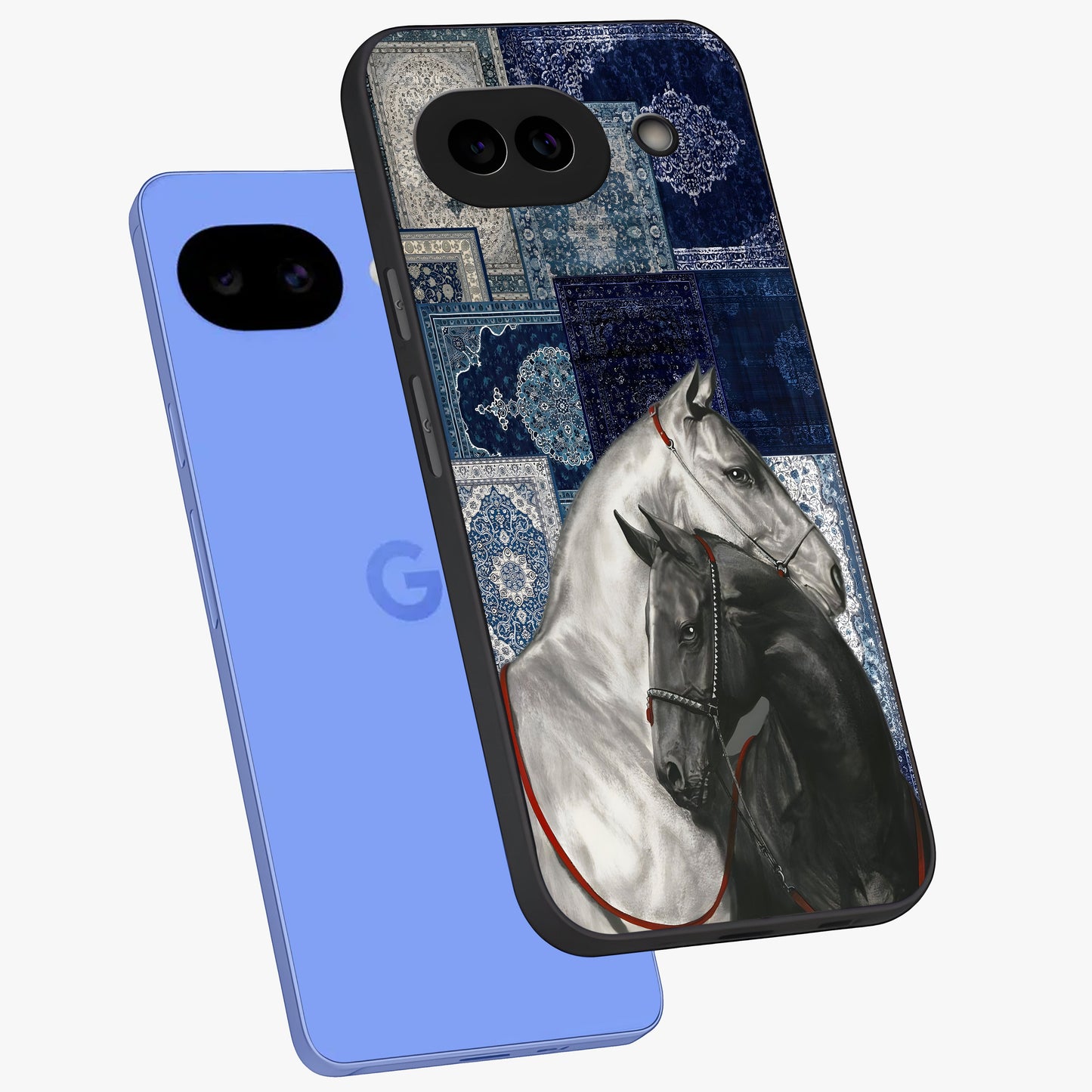 Midnight Stallion Blues Glass Case displayed in angled mockup highlighting powerful stallion illustration with deep midnight tones.