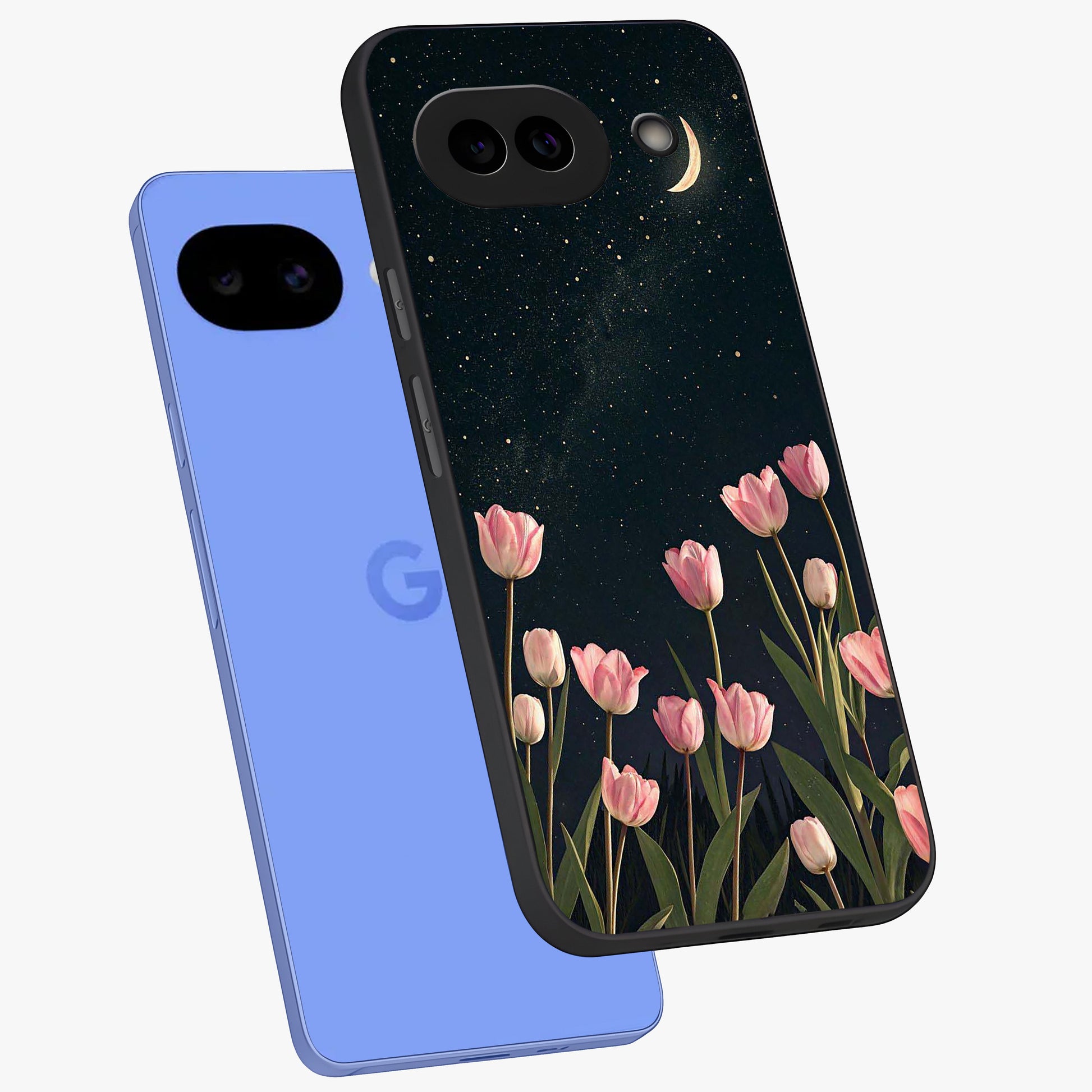 Midnight Tulip Whispers Vibe Glass Case displayed in angled mockup highlighting delicate tulip design with midnight floral aesthetic.