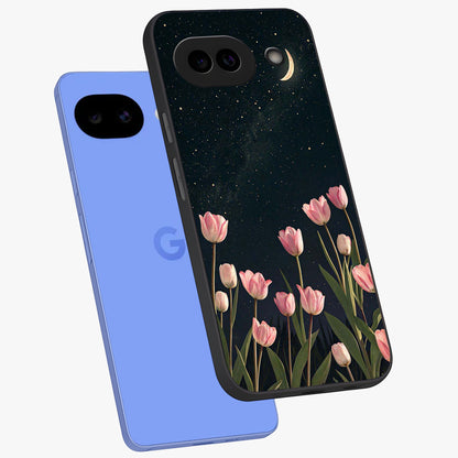 Midnight Tulip Whispers Vibe Glass Case displayed in angled mockup highlighting delicate tulip design with midnight floral aesthetic.