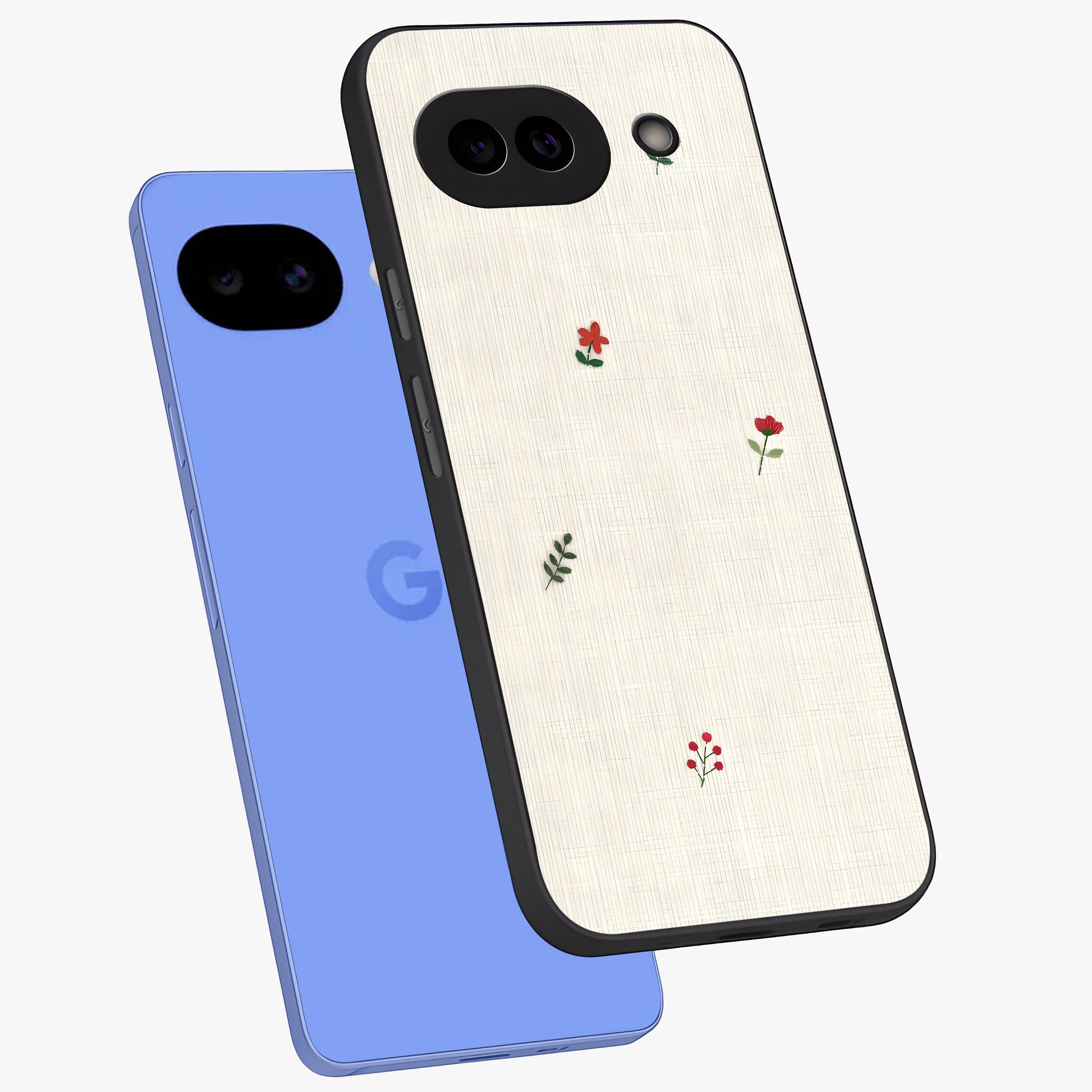 Minimalistic Blue With White Flower Pattern Glass Case displayed in angled mockup highlighting simple floral design with minimal aesthetic.