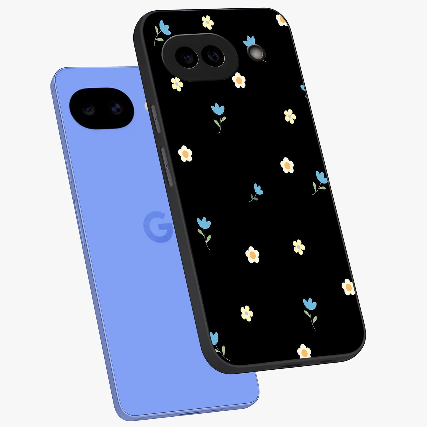 Minimal Petal Whispers Glass Case displayed in angled mockup highlighting delicate petal design with clean minimal aesthetic.