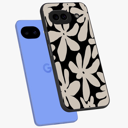 Monochrome Petal Dance Glass Case displayed in angled mockup highlighting elegant petal design with black and white aesthetic.