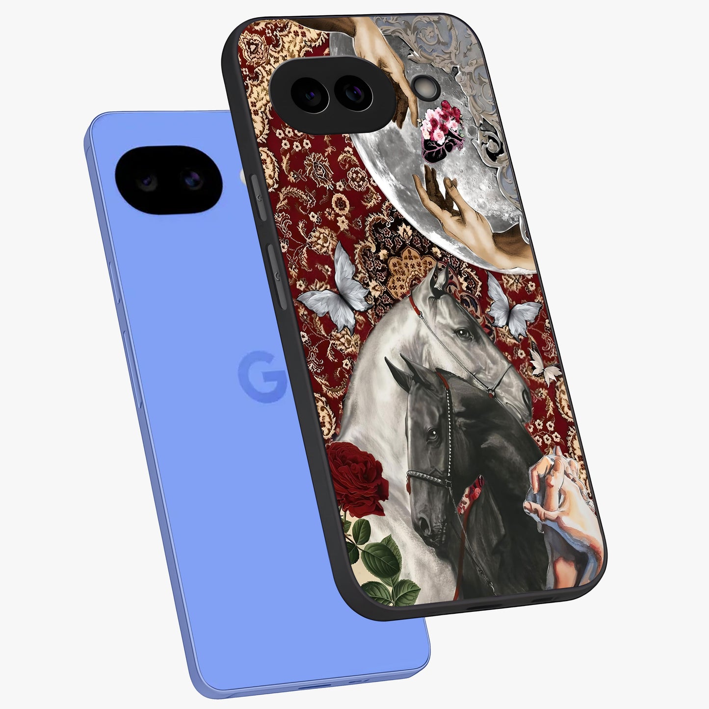 Moonlit Royal Stallion Glass Case displayed in angled mockup highlighting powerful stallion illustration with royal night aesthetic.