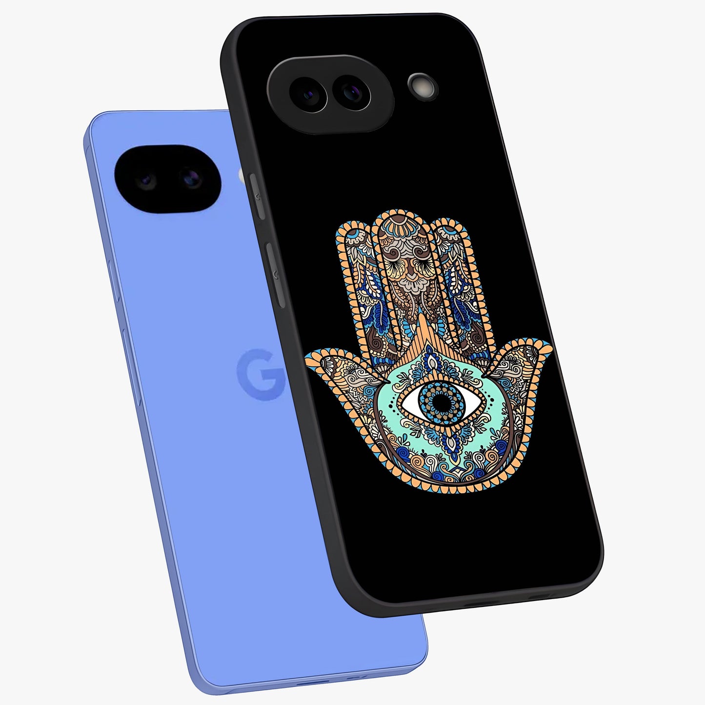 Mystic Hamsa Eye Glass Case displayed in angled mockup highlighting spiritual hamsa symbol with mystical aesthetic style.