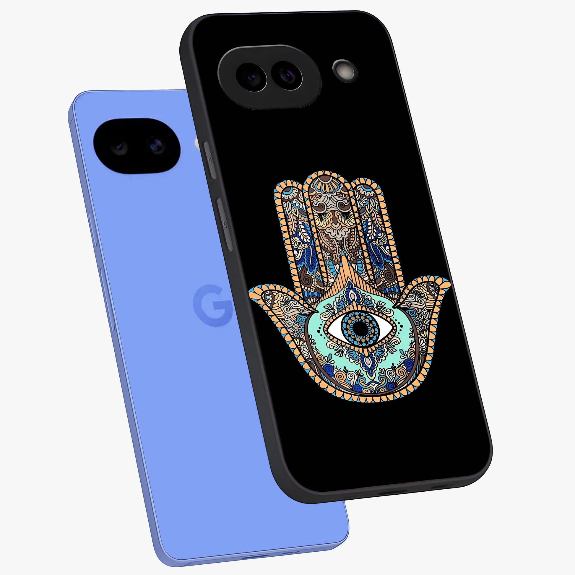 Mystic Hamsa Eye Glass Case displayed in angled mockup highlighting spiritual hamsa symbol with mystical aesthetic style.