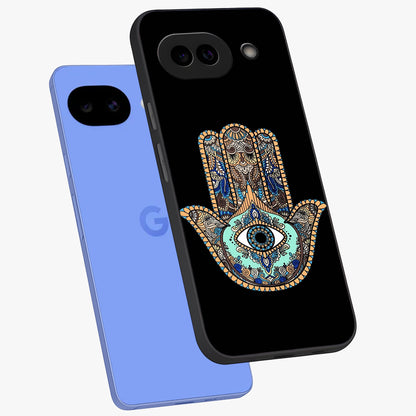 Mystic Hamsa Eye Glass Case displayed in angled mockup highlighting spiritual hamsa symbol with mystical aesthetic style.