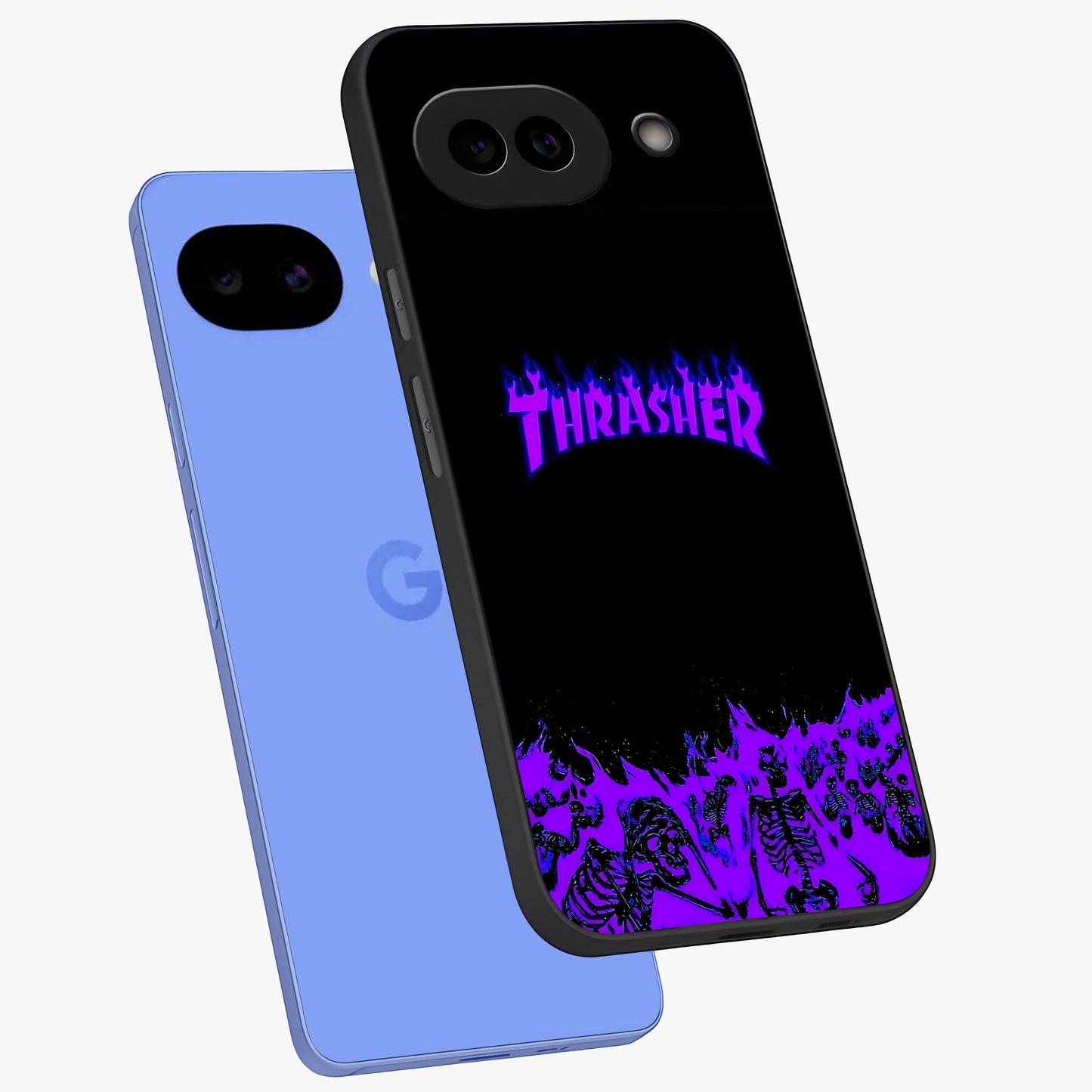 Neon Flame Riot Glass Case displayed in angled mockup highlighting glowing flame design with vibrant neon aesthetic.