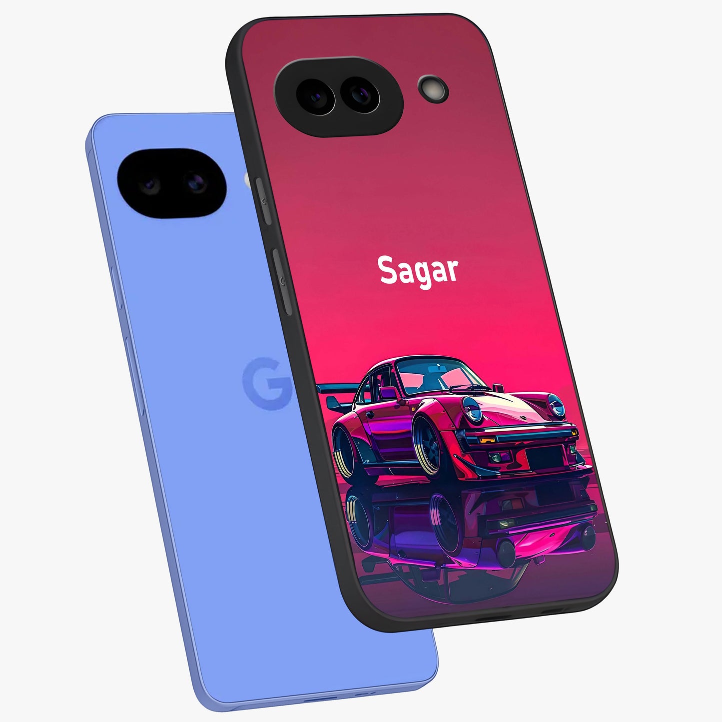 Neon Pink Porsche Glass Case displayed in angled mockup highlighting sleek neon pink car design with racing aesthetic.