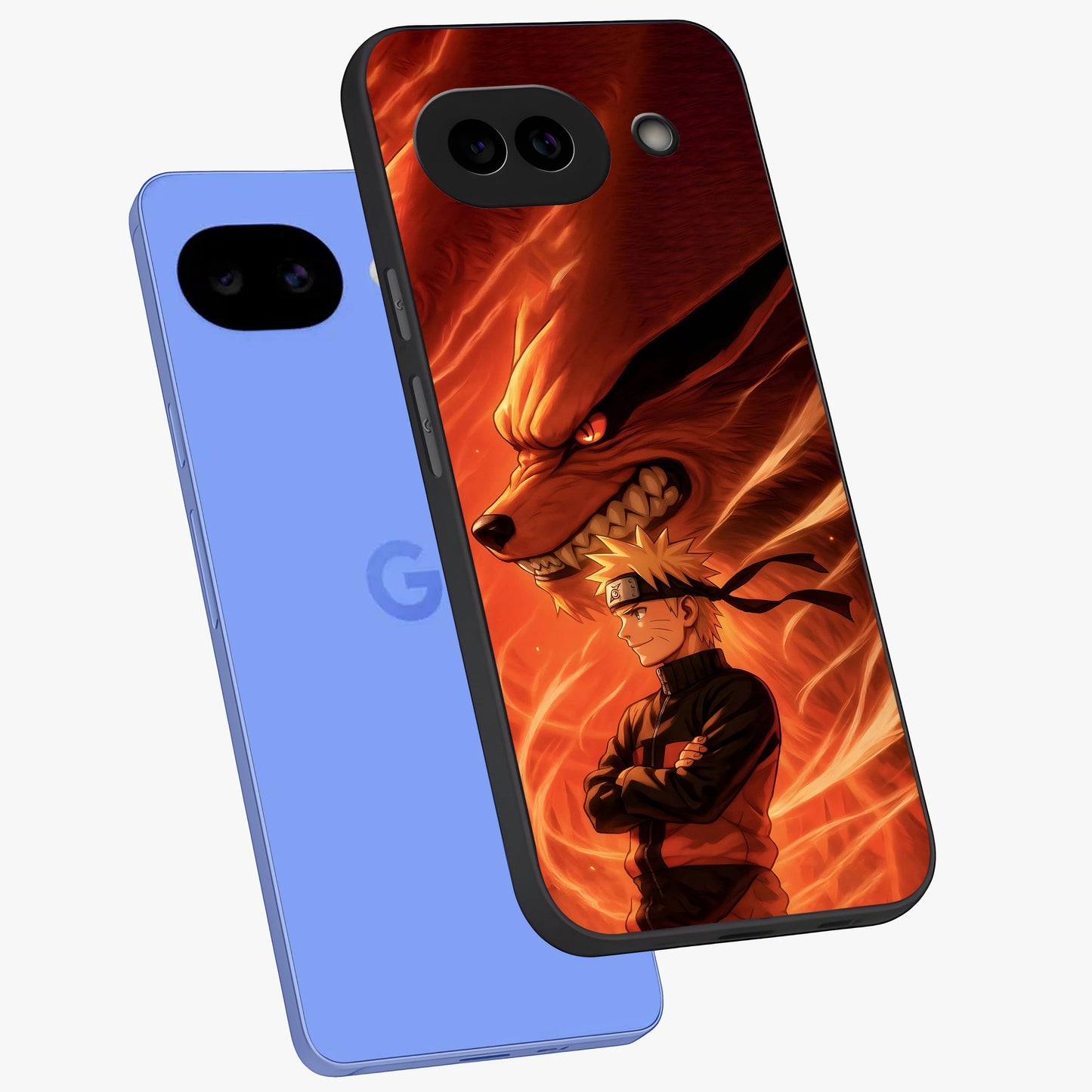 Nine Tails Legacy Glass Case displayed in angled mockup highlighting dynamic anime beast illustration with bold mystical aesthetic.