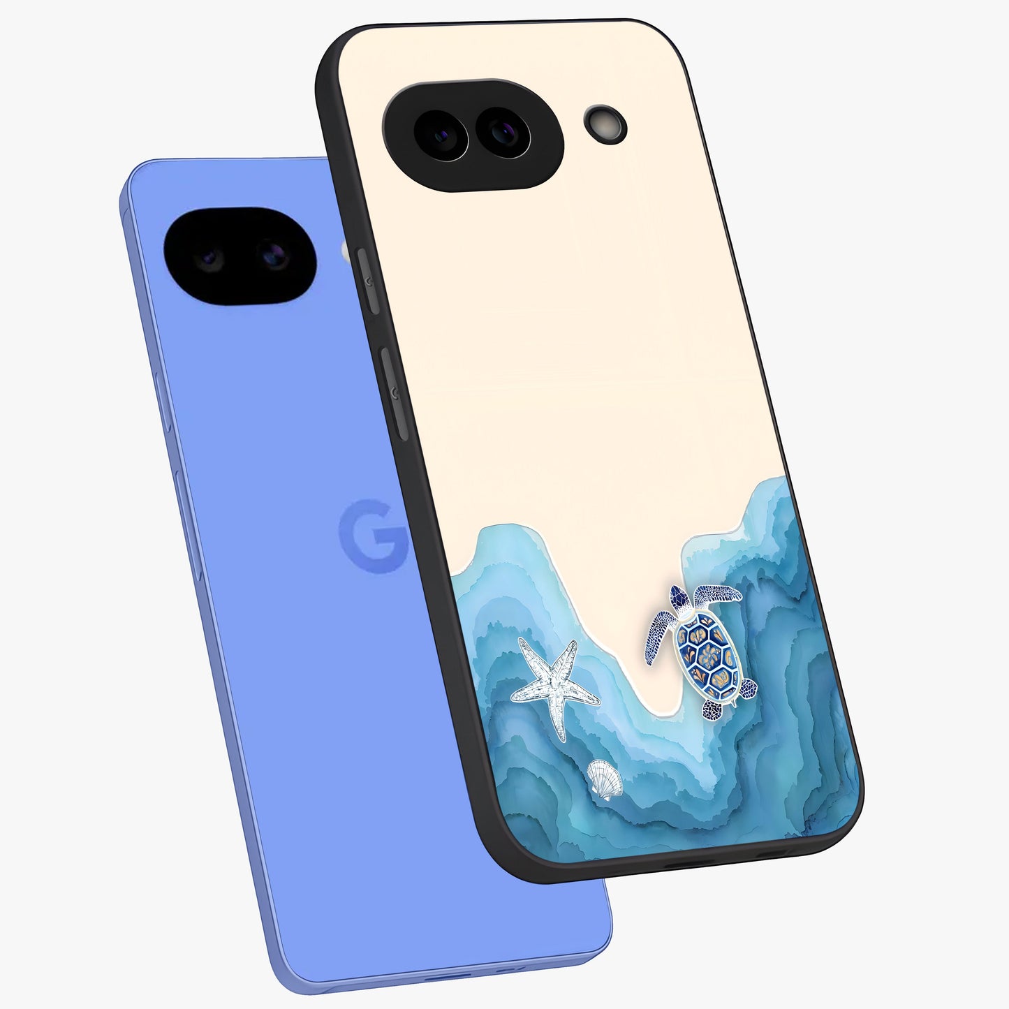 Ocean Drift Turtle Glass Case displayed in angled mockup highlighting peaceful ocean turtle illustration with marine aesthetic.