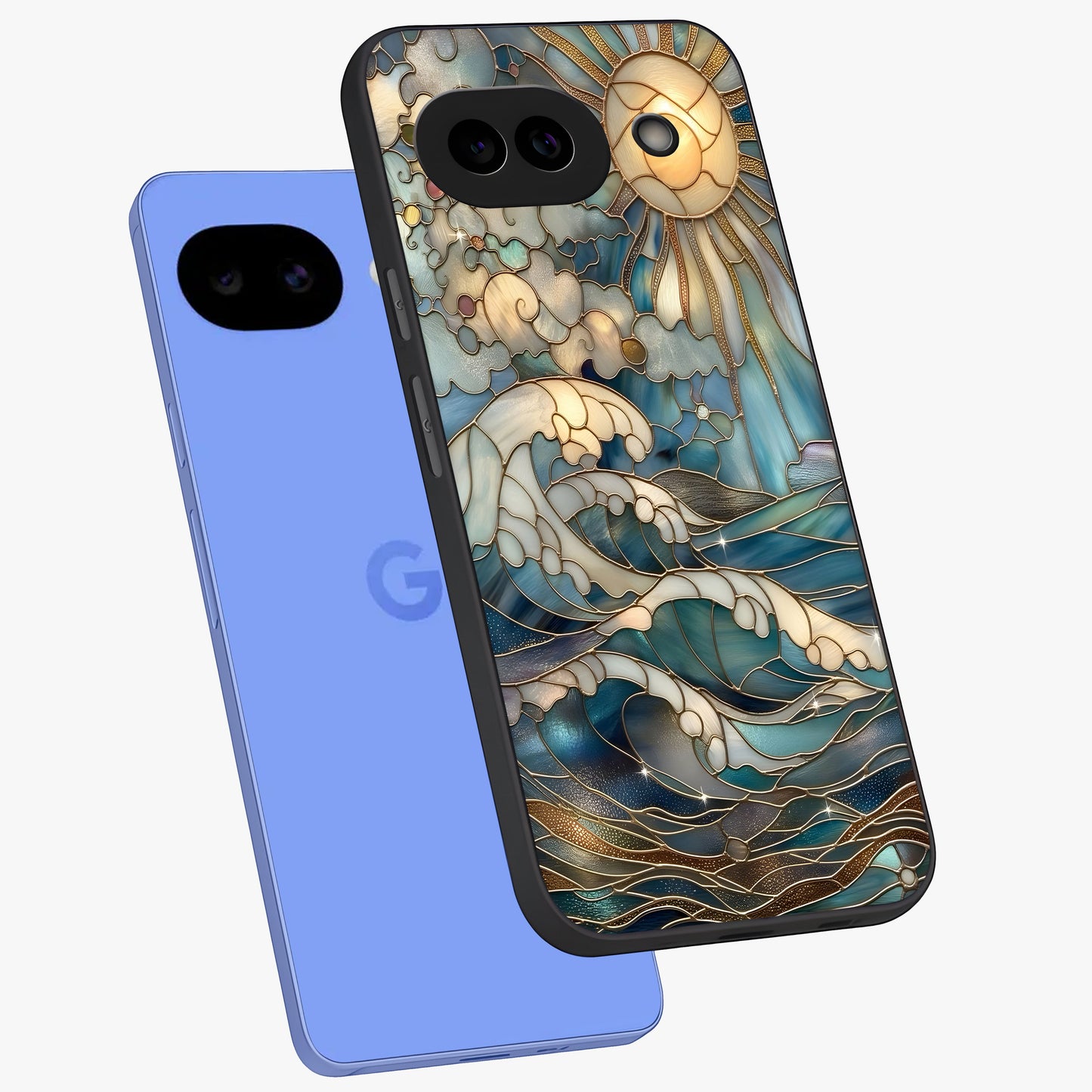 Oceanic Stained Printed Glass Case displayed in angled mockup highlighting colorful aquatic design with artistic aesthetic style.