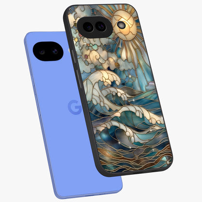 Oceanic Stained Printed Glass Case displayed in angled mockup highlighting colorful aquatic design with artistic aesthetic style.