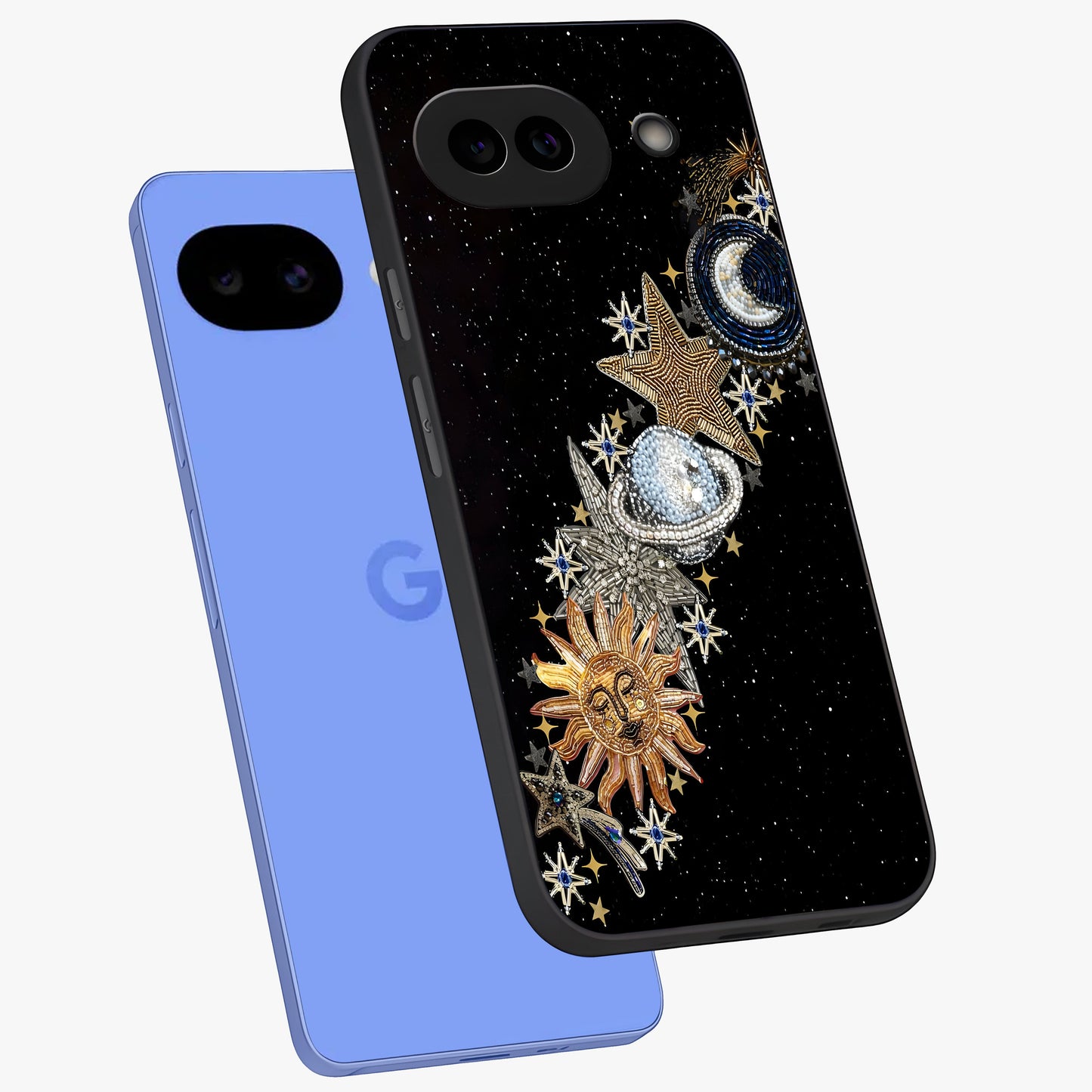 Pearls Universe Object Glass Case displayed in angled mockup highlighting celestial pearl design with dreamy aesthetic.