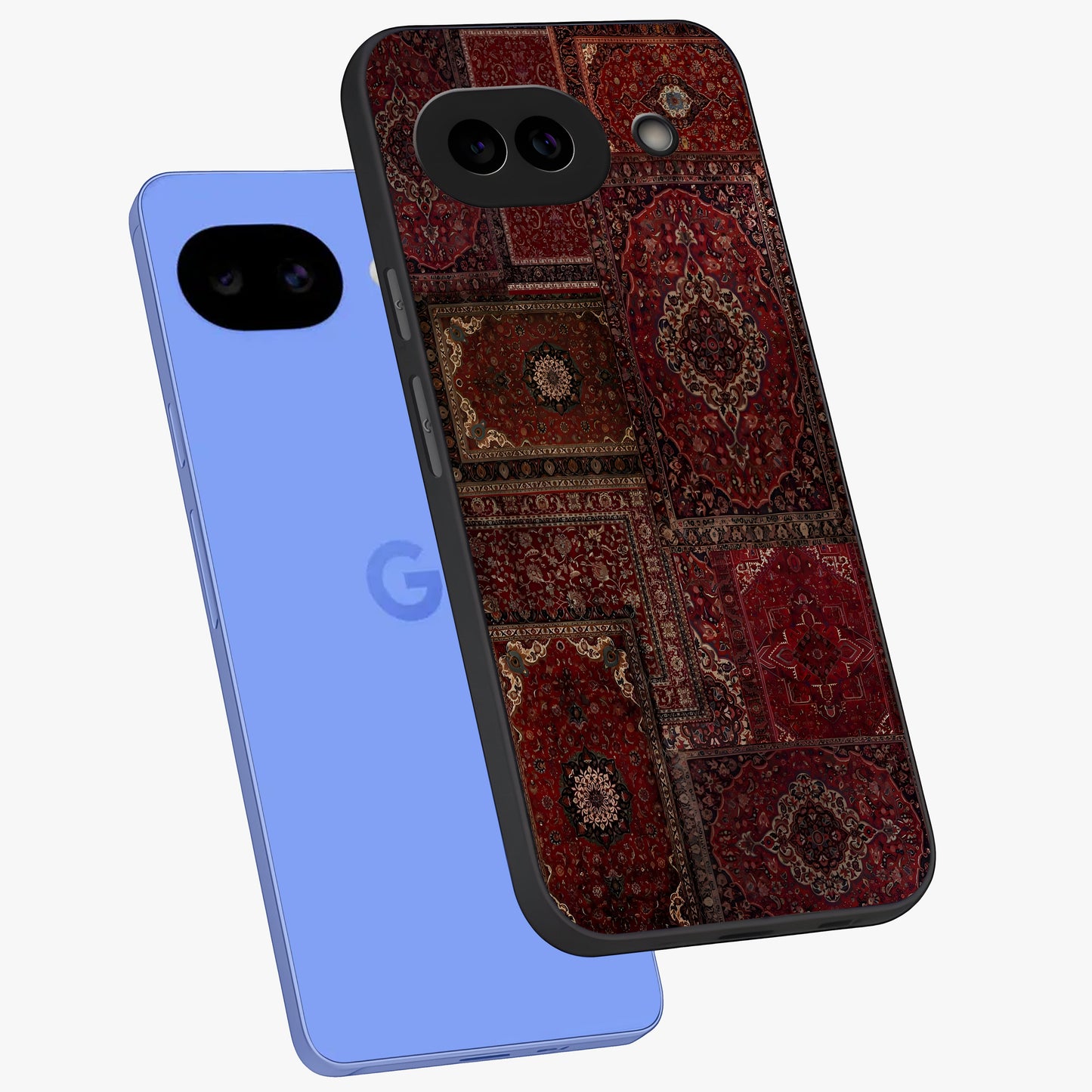 Persian Velvet Tale Glass Case displayed in angled mockup highlighting ornate textile inspired design with royal aesthetic.