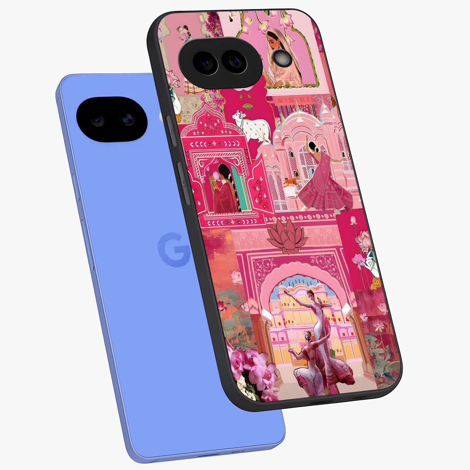 Pink Palace Muse Glass Case displayed in angled mockup highlighting dreamy palace illustration with soft pink aesthetic.