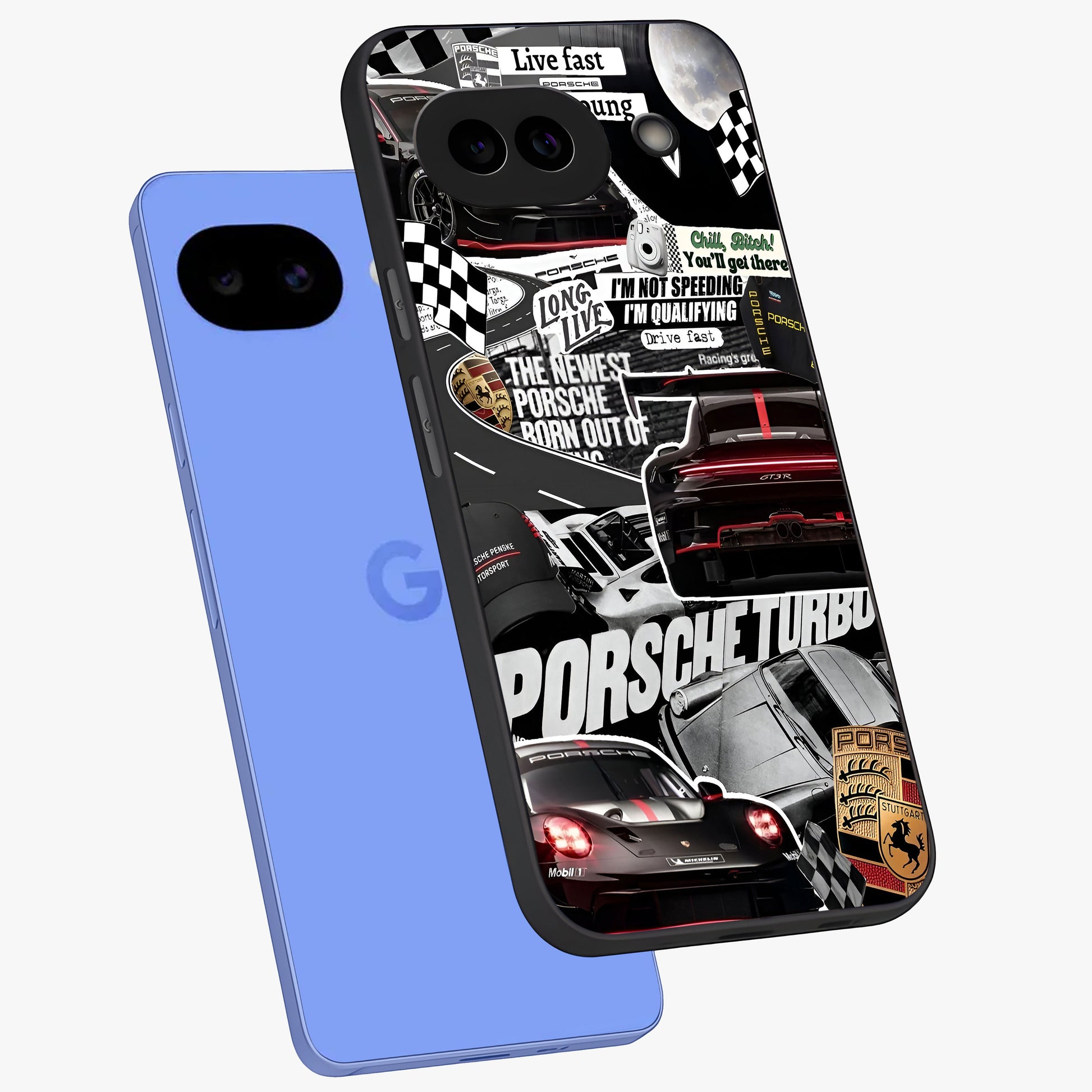 Porsche Racing Collage Glass Case displayed in angled mockup highlighting dynamic automotive design with bold racing aesthetic.