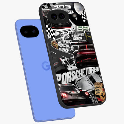 Porsche Racing Collage Glass Case displayed in angled mockup highlighting dynamic automotive design with bold racing aesthetic.