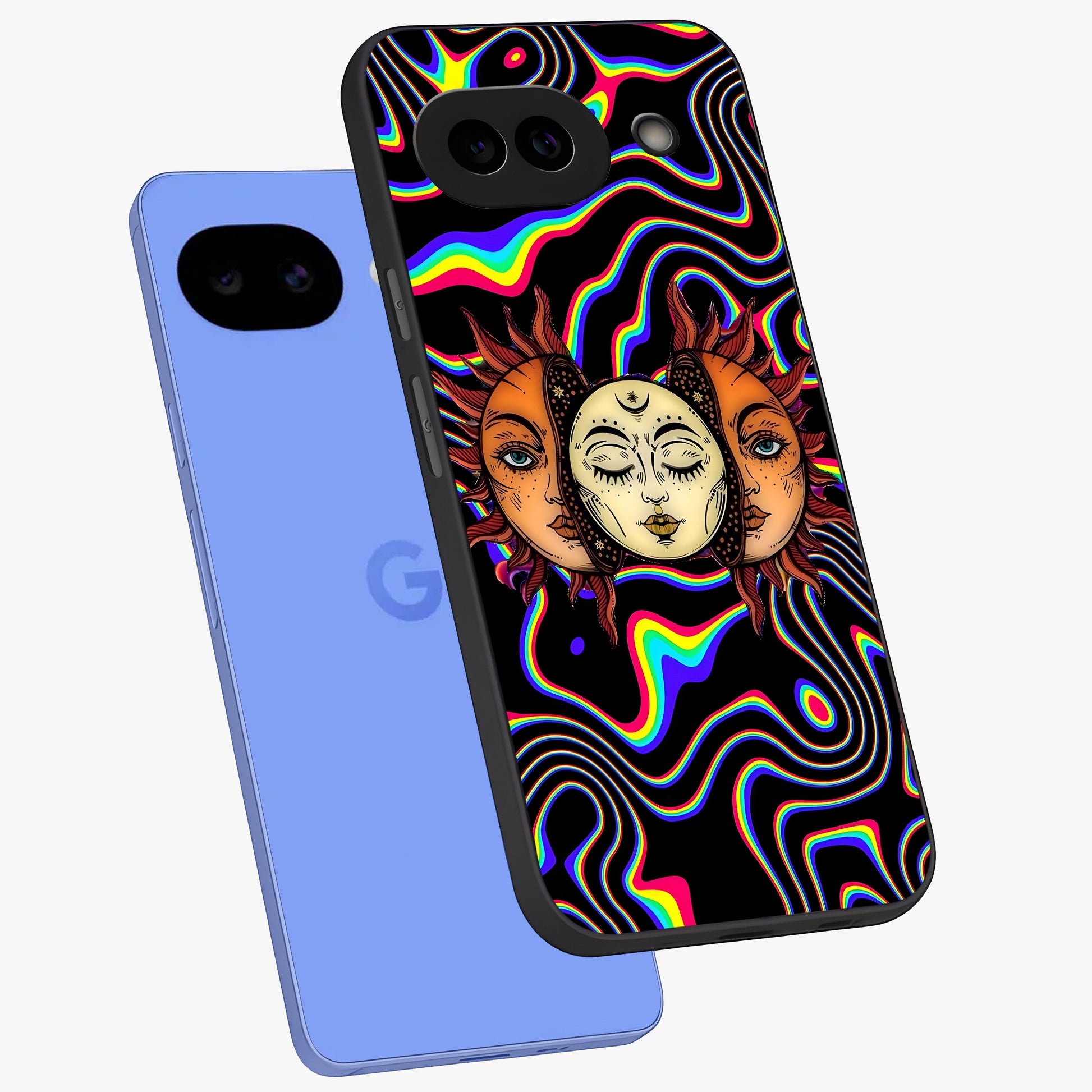 Psychedelic Sun Glass Case displayed in angled mockup highlighting vibrant abstract sun design with artistic aesthetic style.