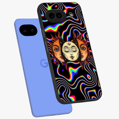 Psychedelic Sun Glass Case displayed in angled mockup highlighting vibrant abstract sun design with artistic aesthetic style.