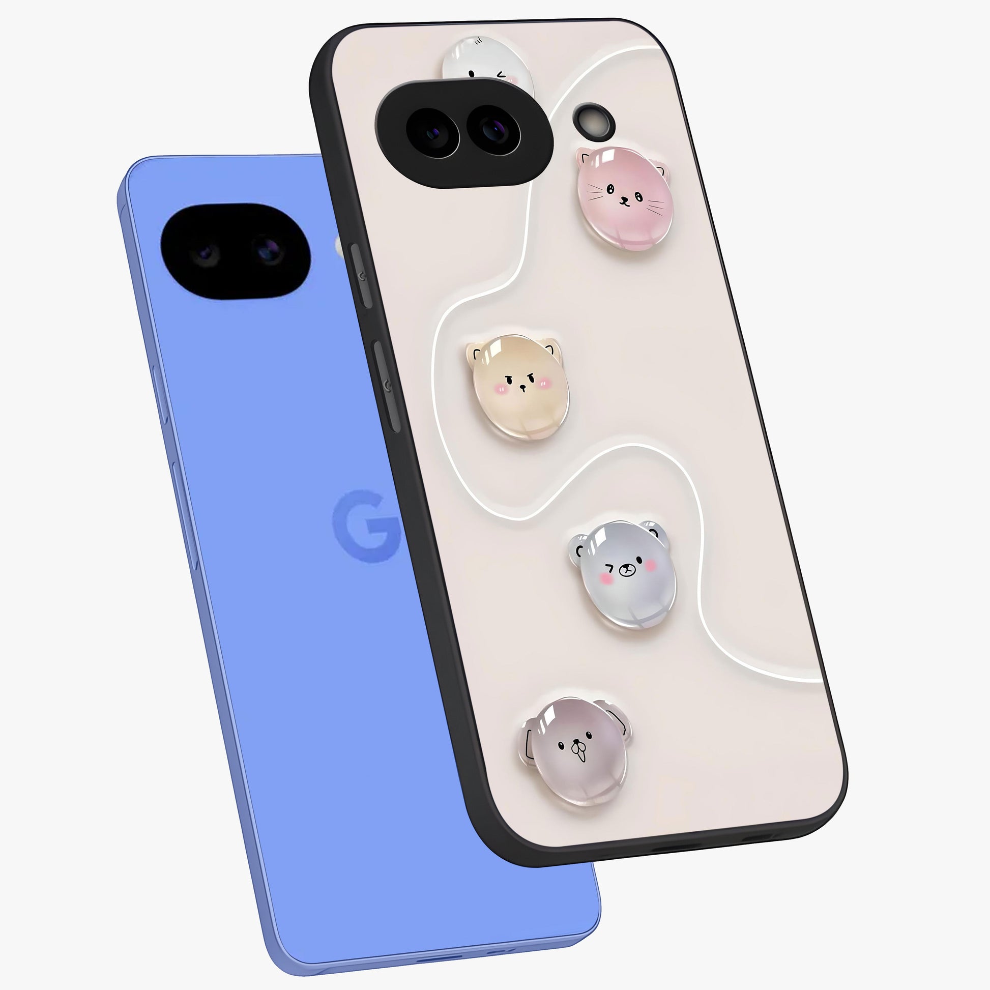 Puffy Face Parade Glass Case displayed in angled mockup highlighting playful cartoon face design with fun aesthetic.