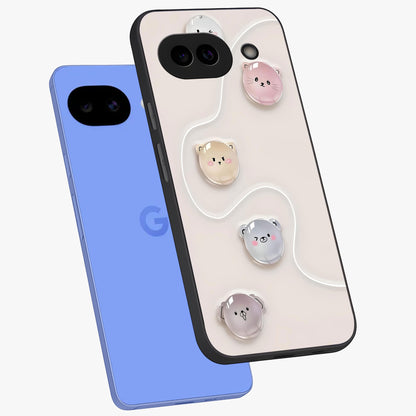 Puffy Face Parade Glass Case displayed in angled mockup highlighting playful cartoon face design with fun aesthetic.