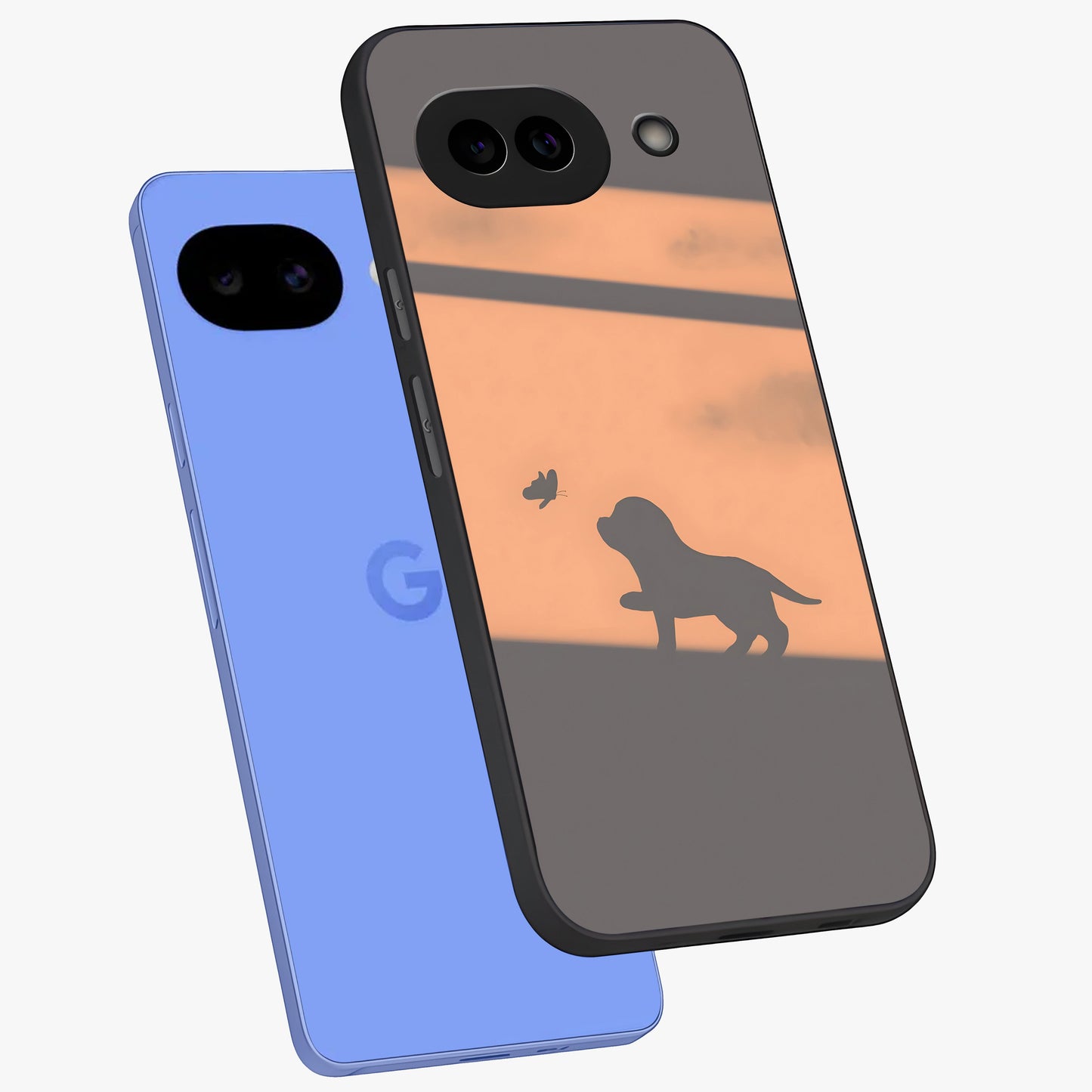Puppy Shadow Art Glass Case displayed in angled mockup highlighting playful dog illustration with artistic shadow aesthetic.