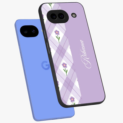 Purple Diamond Floral Glass Case displayed in angled mockup highlighting elegant purple flower design with decorative pattern.
