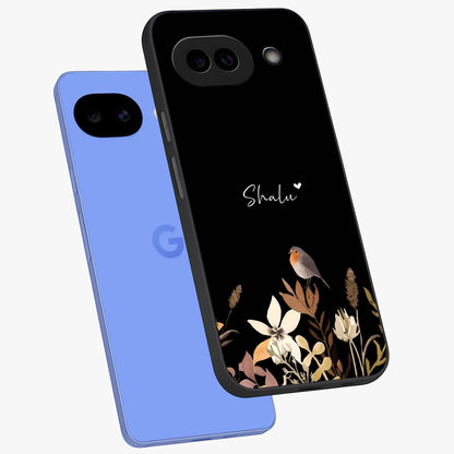 Quiet Garden Tune Custom Name Glass Case displayed in angled mockup highlighting delicate floral garden design with custom name feature.