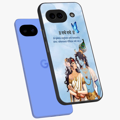 Radha Krishna Eternal Glass Case displayed in angled mockup highlighting divine Radha Krishna illustration with spiritual aesthetic.