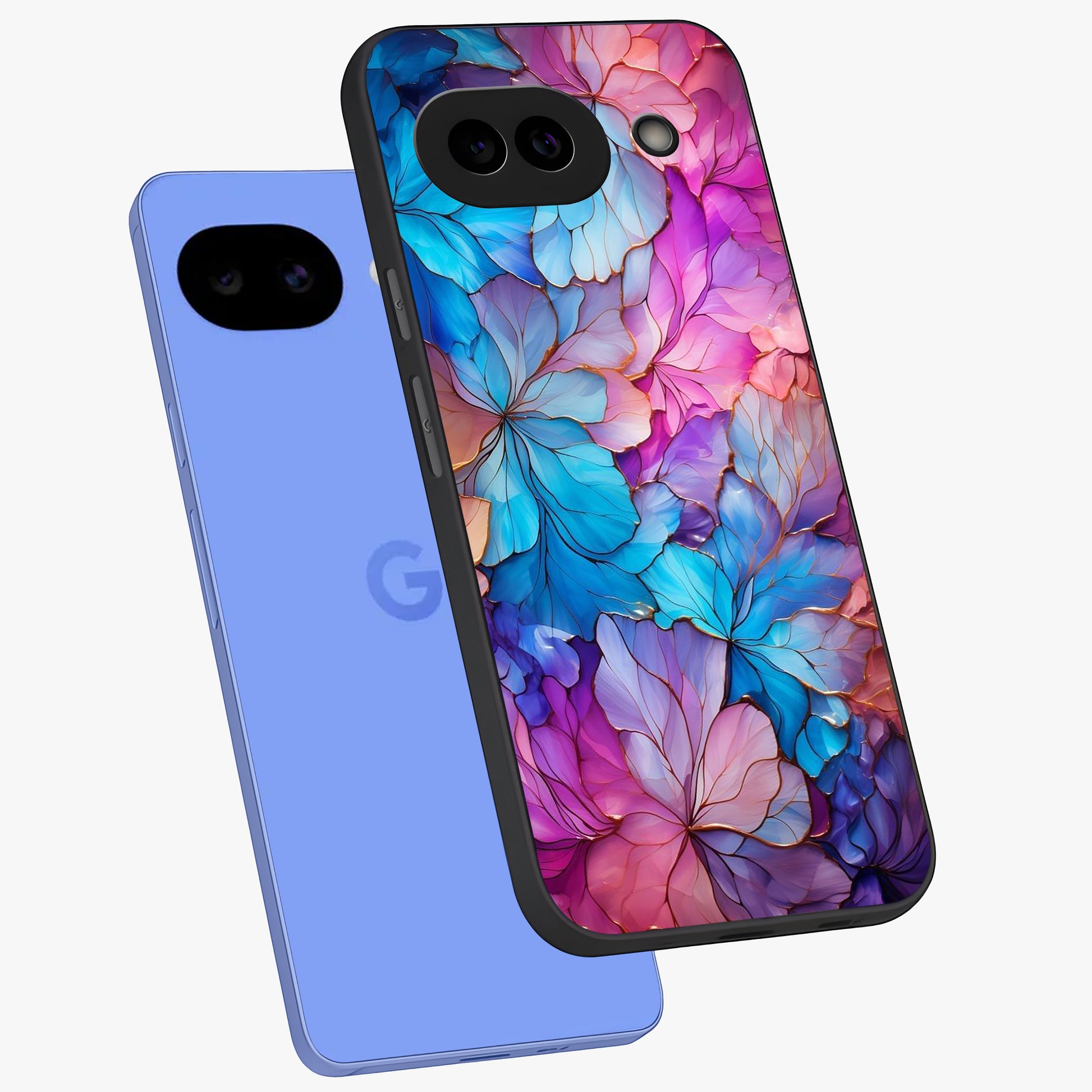 Radiant Floral Whirl Glass Case displayed in angled mockup highlighting vibrant flower pattern with dynamic artistic aesthetic.