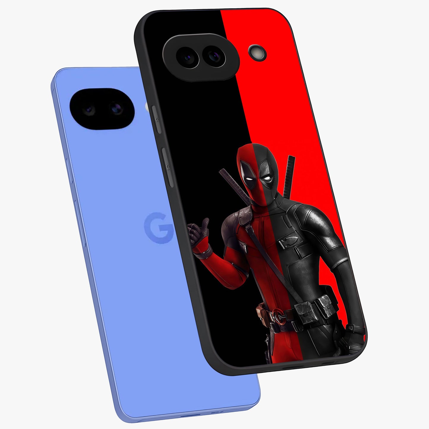 Red & Black Deadpool Theme Glass Case displayed in angled mockup highlighting vibrant superhero style illustration with action aesthetic.