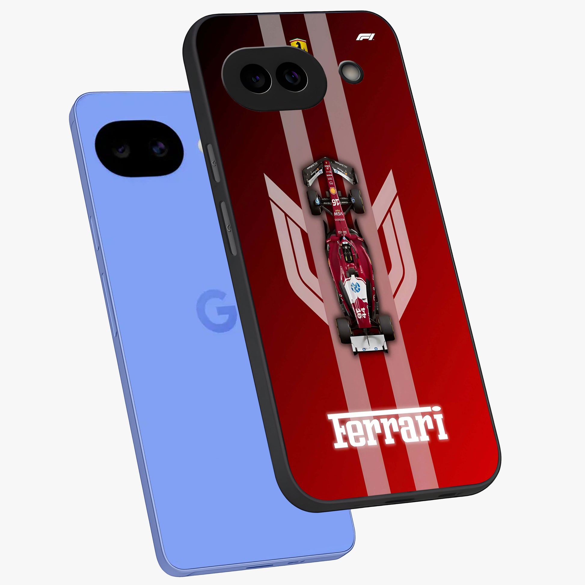 Red Ferrari F1 Vertical Glass Case displayed in angled mockup highlighting high speed racing design with bold automotive aesthetic.