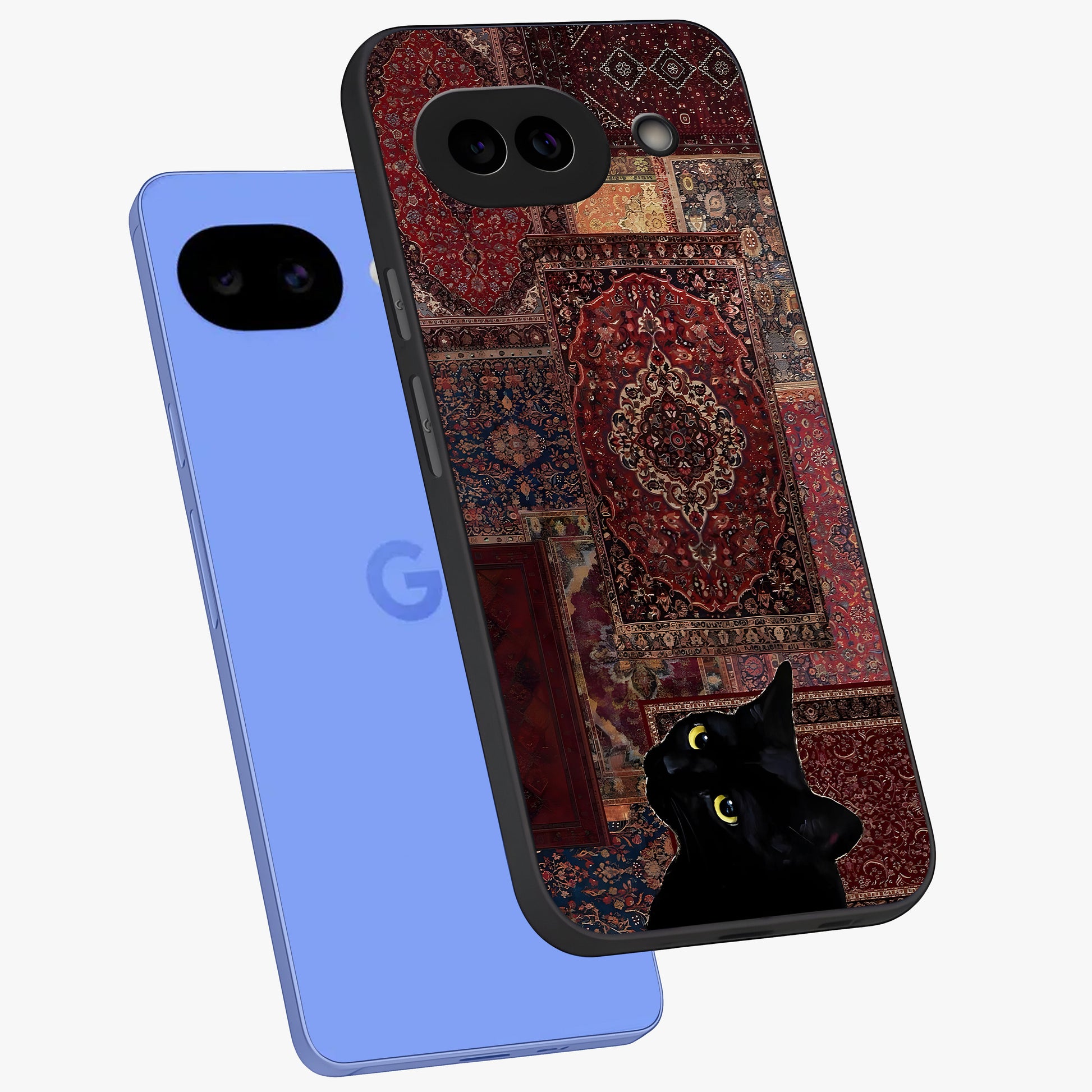 Regal Magic Cat Apple Glass Case displayed in angled mockup highlighting whimsical feline design with fantasy aesthetic.