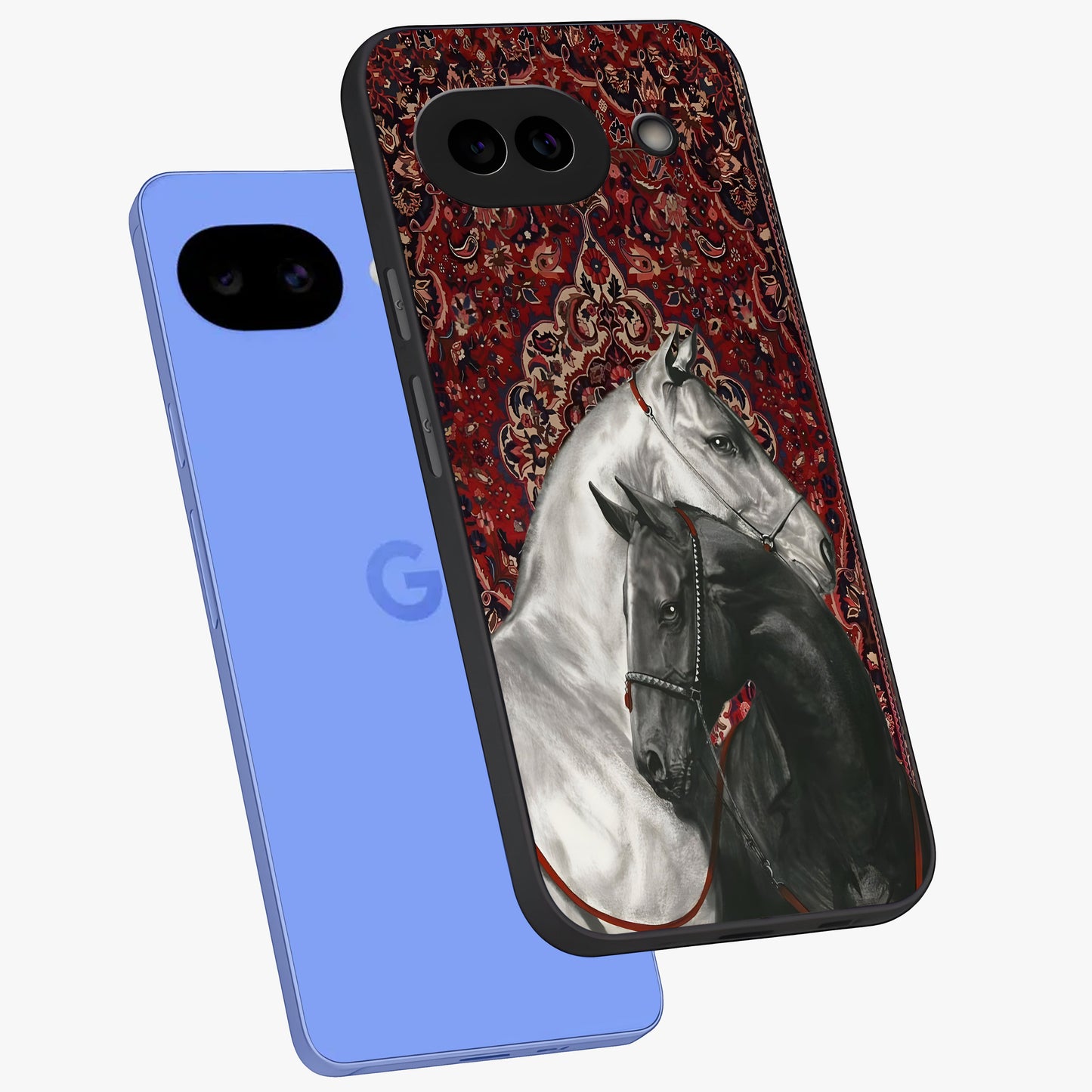 Regal Stallion Tapestry Glass Case displayed in angled mockup highlighting royal stallion design with decorative heritage aesthetic.