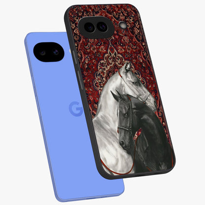 Regal Stallion Tapestry Glass Case displayed in angled mockup highlighting royal stallion design with decorative heritage aesthetic.