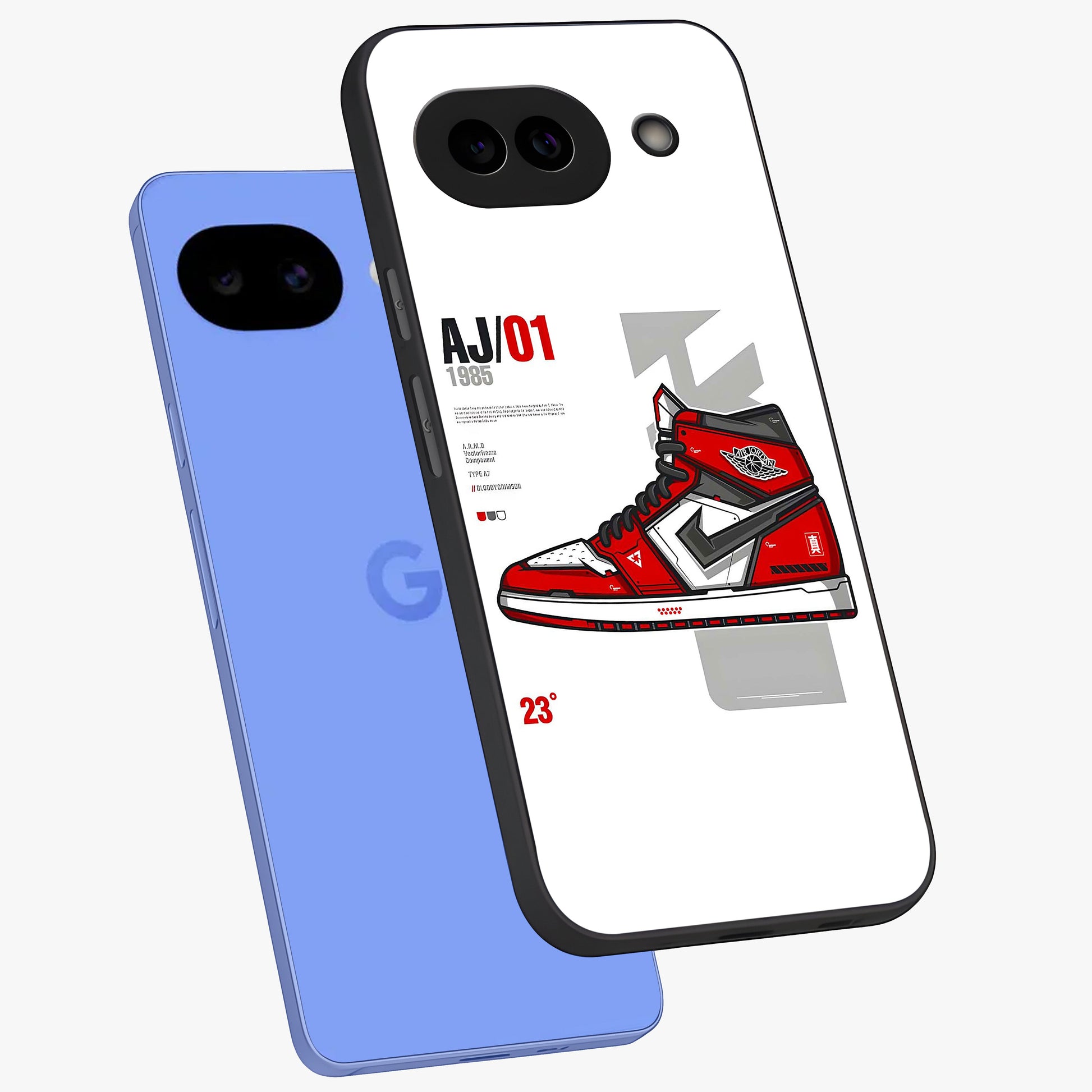 Retro Sneaker Blueprint Glass Case displayed in angled mockup highlighting detailed shoe design with sporty retro aesthetic.