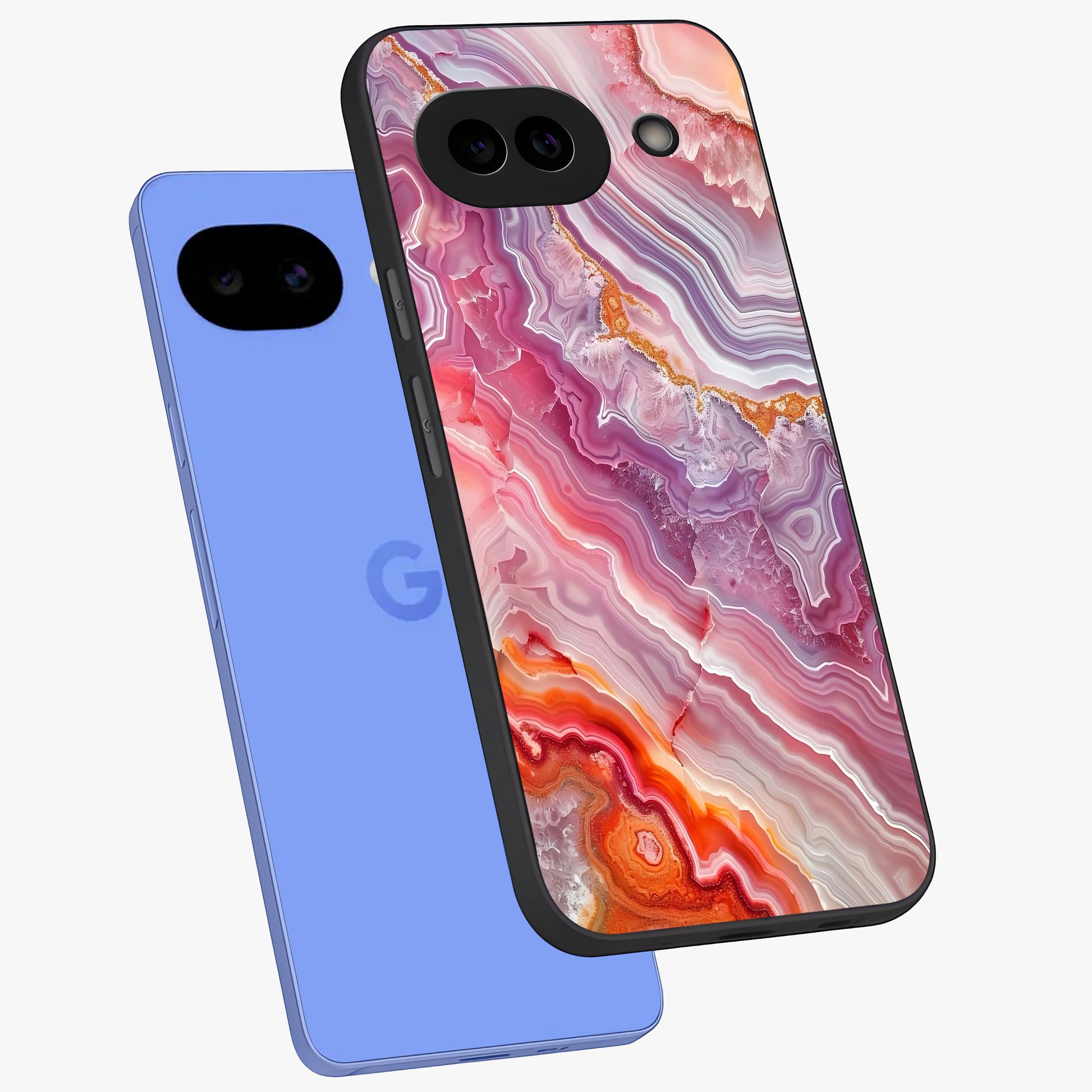 Rose Quartz Marble Glass Case displayed in angled mockup highlighting elegant marble pattern with soft aesthetic style.
