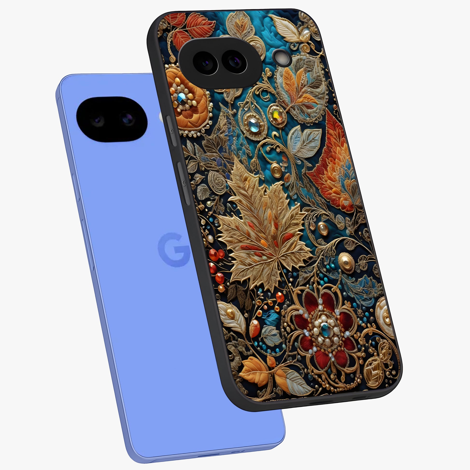 Royal Jewel Garden Glass Case displayed in angled mockup highlighting vibrant jewel inspired floral design with elegant aesthetic.