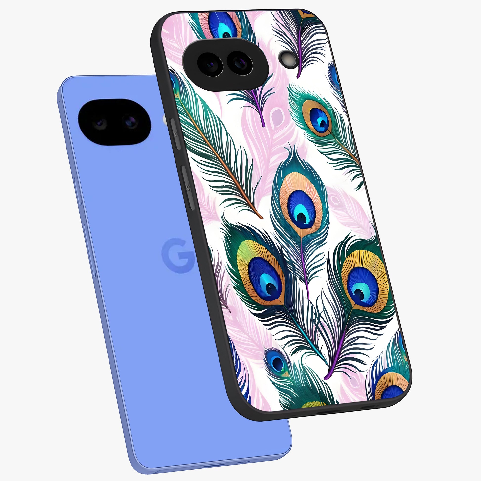 Royal Peacock Feathers Glass Case displayed in angled mockup highlighting vibrant feather pattern with regal aesthetic style.