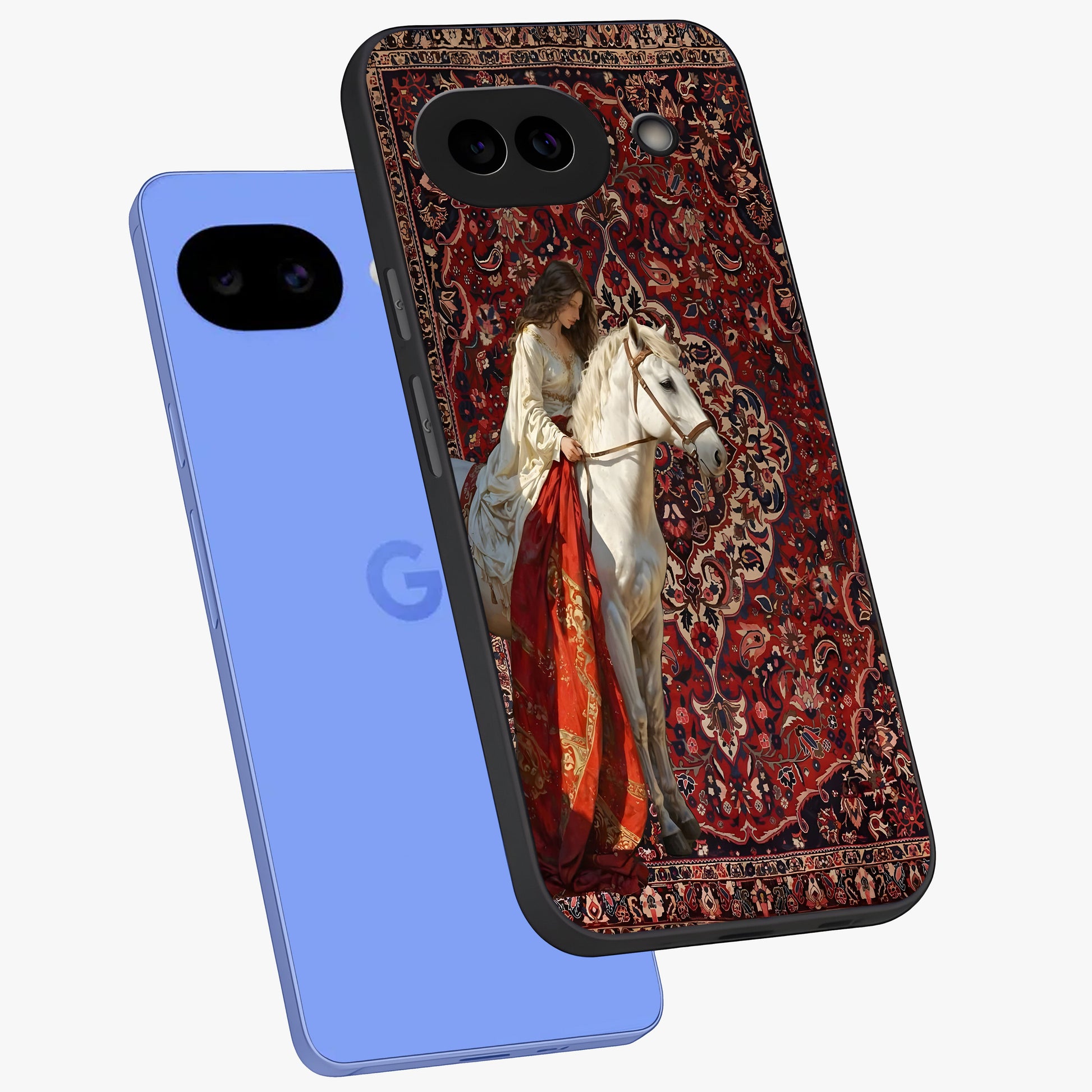Royal Rider Tapestry Glass Case displayed in angled mockup highlighting traditional tapestry design with royal heritage aesthetic.
