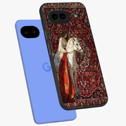 Royal Rider Tapestry Glass Case displayed in angled mockup highlighting traditional tapestry design with royal heritage aesthetic.