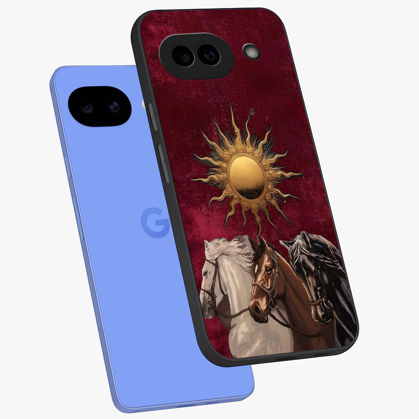 Solar Riders Glass Case displayed in angled mockup highlighting powerful rider illustration with radiant solar aesthetic.