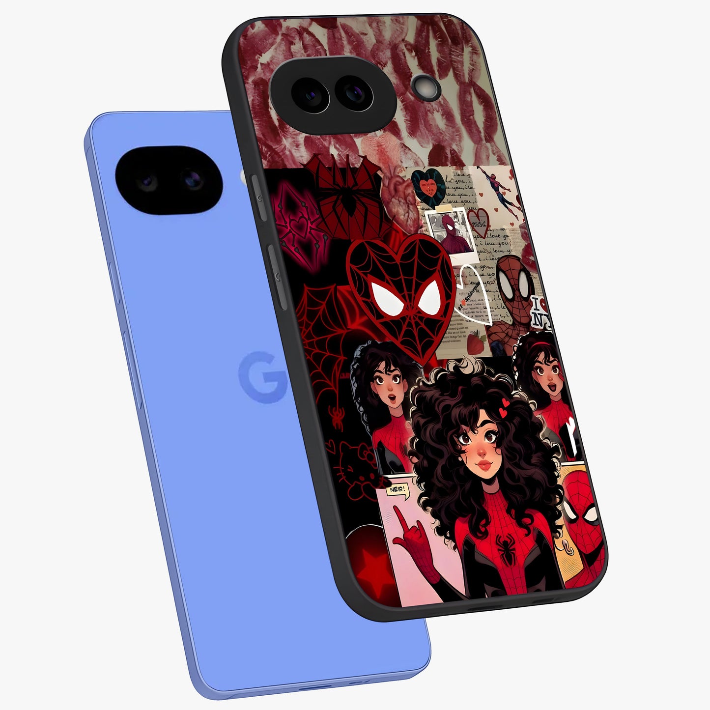 Spider Love Story Glass Case displayed in angled mockup highlighting expressive comic inspired design with playful aesthetic.