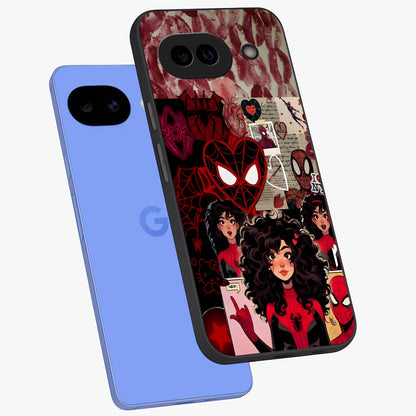 Spider Love Story Glass Case displayed in angled mockup highlighting expressive comic inspired design with playful aesthetic.