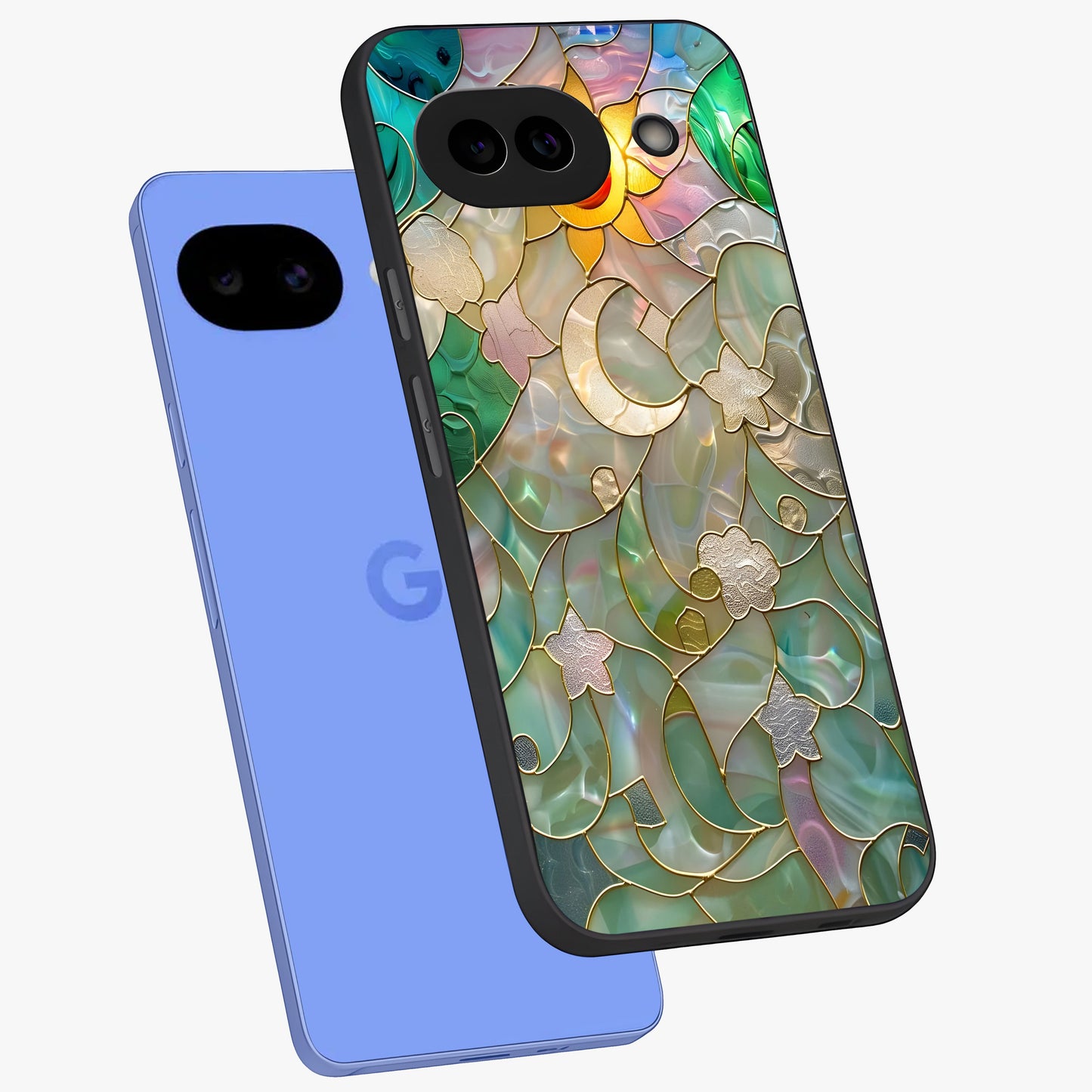 Stained Sunrise Glow Glass Case displayed in angled mockup highlighting radiant sunrise design with artistic aesthetic style.