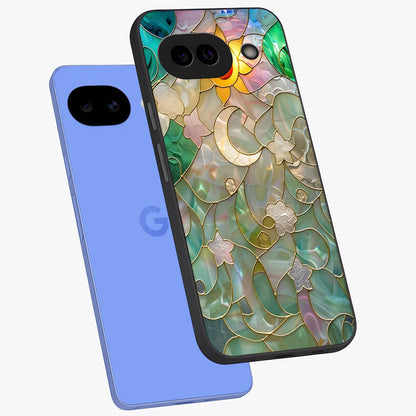 Stained Sunrise Glow Glass Case displayed in angled mockup highlighting radiant sunrise design with artistic aesthetic style.
