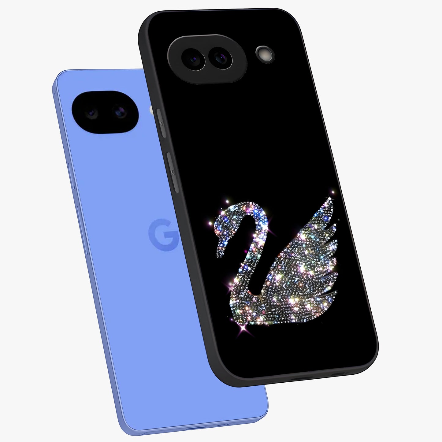 Starlit Swan Grace Glass Case displayed in angled mockup highlighting elegant swan illustration with dreamy celestial aesthetic.